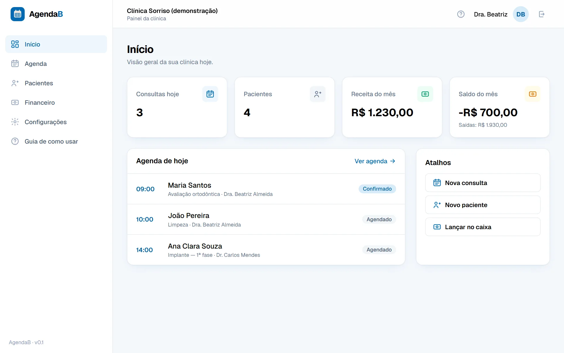 Painel do AgendaB com agenda do dia e resumo da clínica